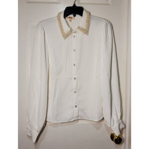 Peach Blouse Womens Large White Pearl Collar Button Front Long Sleeve Top